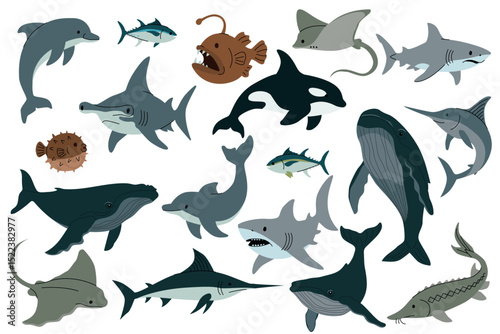 Flat vector illustration of various sea animals including sharks, dolphins, whales, stingray, swordfish, pufferfish, and anglerfish on white background. Vector illustration
