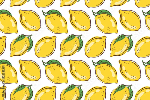 Seamless lemon pattern with whole yellow fruit and green leaf on a white background in flat style. Perfect for summer design, kitchen textile, packaging or fresh healthy fruit project.