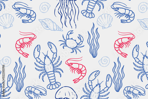 Playful seamless marine pattern with hand-drawn sea creatures, including lobsters, crabs, shrimp, jellyfish, and shells in blue and red on a light background. Vector illustration