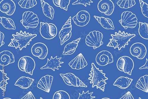 Seamless nautical pattern with hand-drawn seashells in white on a vibrant blue background. Perfect for summer, beach themes, and marine inspired designs. Vector illustration