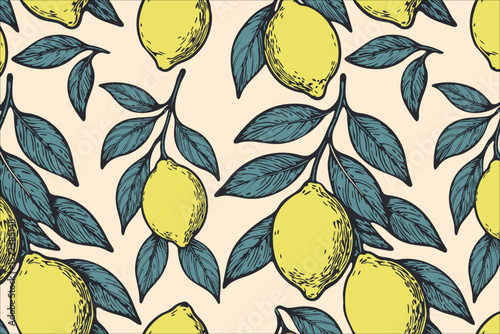Seamless lemon pattern with hand-drawn yellow citrus fruits and teal leaves on a light beige background. Fresh, vibrant, and perfect for summer themed designs. Vector illustration
