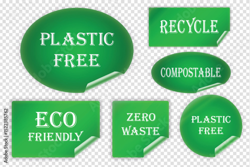 Green and White Eco, Recycle, zero waste, compostable, eco friendly, plastic free labels (stickers) with wrinkled edges, vector (EPS) illustration, adhesive labels set