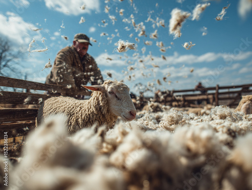 Sheep being sheared by farmer, wool flying in the air, spring farming tradition
