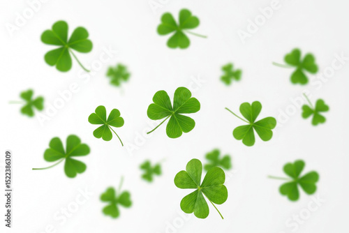 Festive clover and shamrock leaves flying, white background
