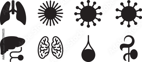 Medical Icons Set Lungs, Liver, Brain, Viruses, and Blood Drop