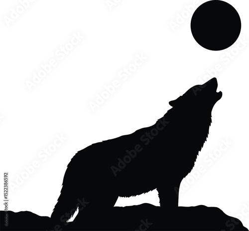 Silhouette of a howling wolf under the full moon perfect for artistic illustrations.