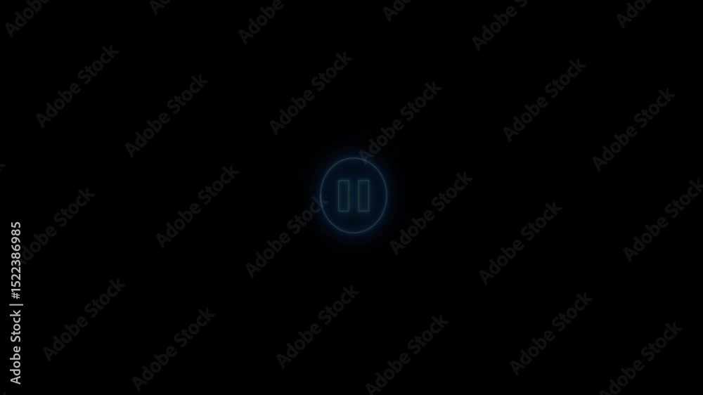 Glowing neon video pause button icon. video play button icon animation on a black background.
