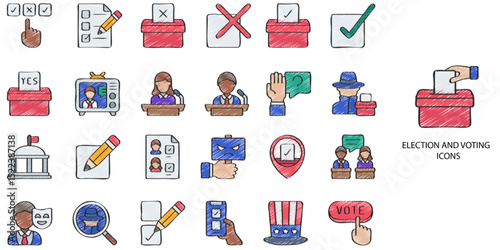 Election and Voting simple concept 24 hand drawn color icons set .Vector illustration.	