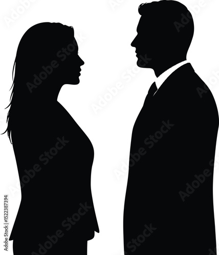 Silhouette illustration of a professional man and woman facing each other on white background