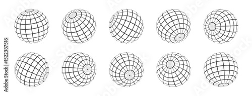 3D wireframes of spheres. Set of globes in various positions. Balls with a grid in brutalist style