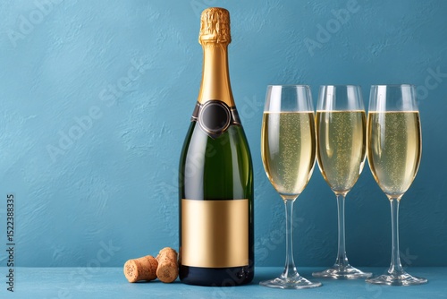 Wallpaper Mural Champagne bottle with three full glasses and corks on blue background Torontodigital.ca
