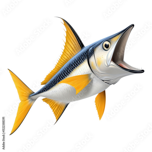 Vibrant Yellowtail Fish with Open Mouth Leaping Dynamically Aquatic Marine Life Illustration