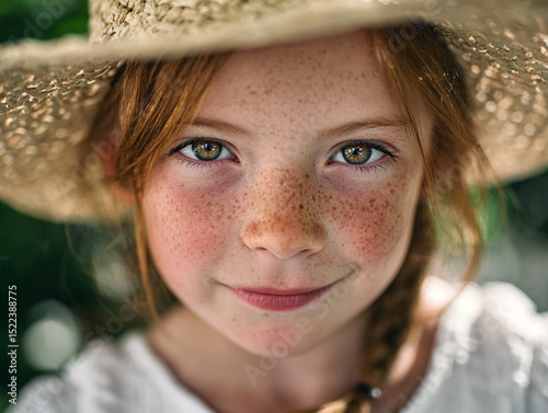 Innocent close-up of a 6-year-old girl with freckles, slightly smiling, wearing a white summer dress and a straw hat, soft daylight, park background