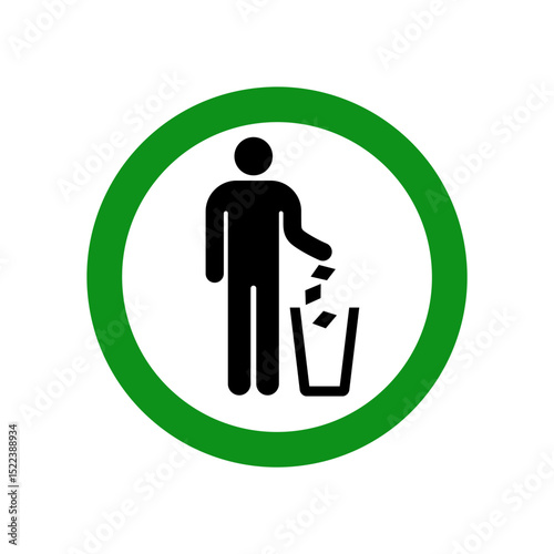 man putting trash rubbish in the bin in green circle symbol icon logo simple vector isolated on transparent background