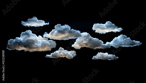 Illuminated cumulus clouds against a black background.