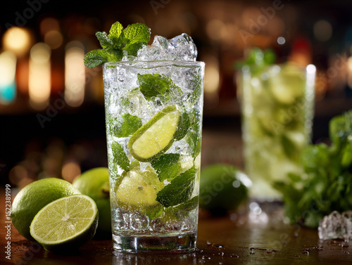 Mojito cocktail with lime, mint and ice, on bar counter
