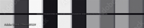 set of black and white vector abstract halftone backgrounds, texture for notebook, banner or poster, white sheet paper with black symmetrical polka dots, simple retro mesh pattern