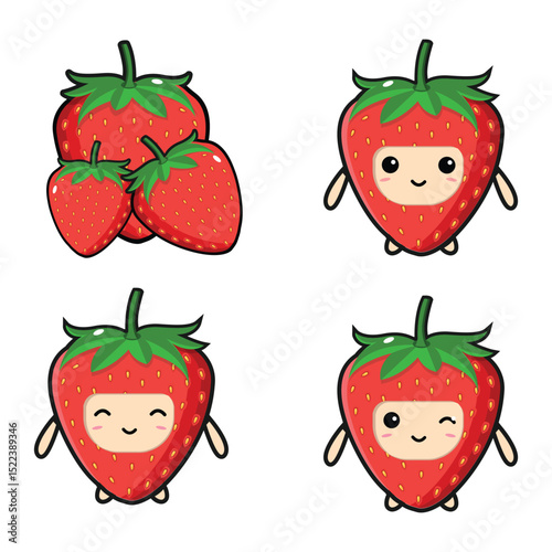 A vector illustration of a set of funny cartoon mascot strawberry fruits with a face