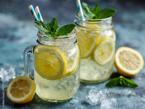 Cold lemonade with lemon slices and mint, summer vibe
