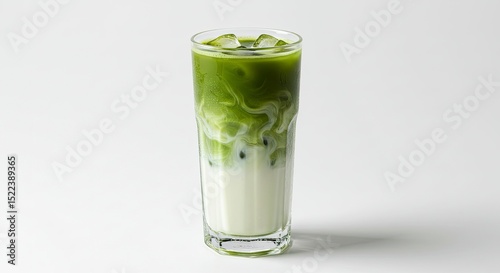 Iced Matcha Latte in Tall Glass with Marble Pattern and White Background Refreshing Green and White Beverage