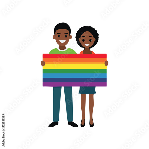 Happy couple holding rainbow pride flag together