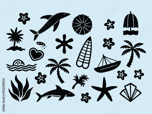 Summer Vacation Icons Palm Trees, Ocean, Sharks, and More