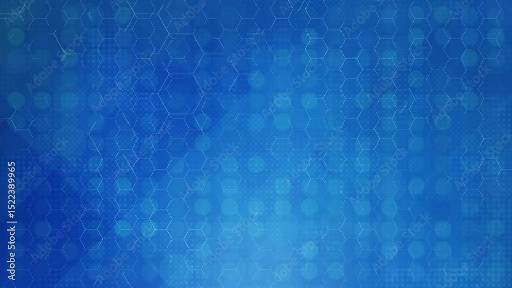 loopable digital animation - blue background, pattern of glowing hexagons and subtle dotted textures - futuristic, high-tech atmosphere - science, innovation, or digital data.
