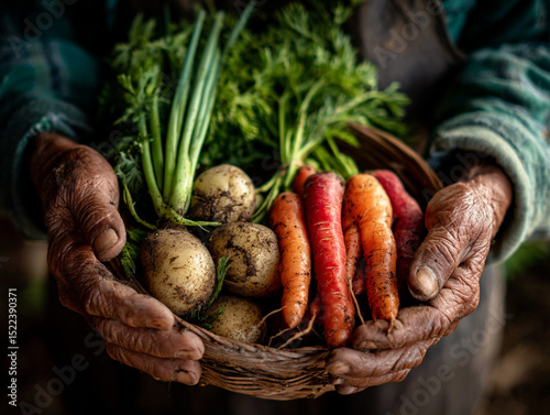 A close-up of hands holding fresh vegetables from a garden, natural lighting