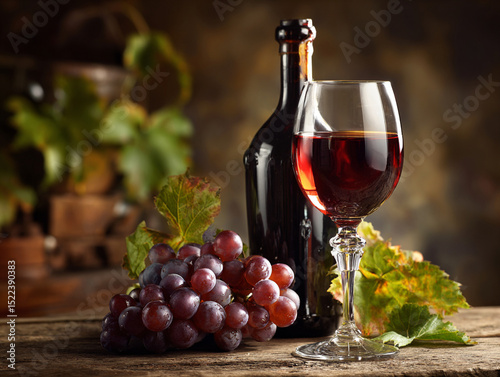 Red wine glass with bottle and grapes, elegant setup