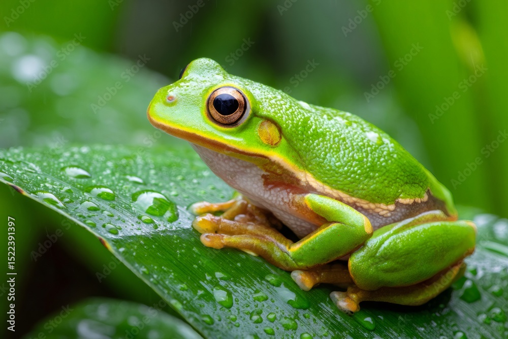 Fototapeta premium Green tree frog resting on a wet leaf in the rainforest