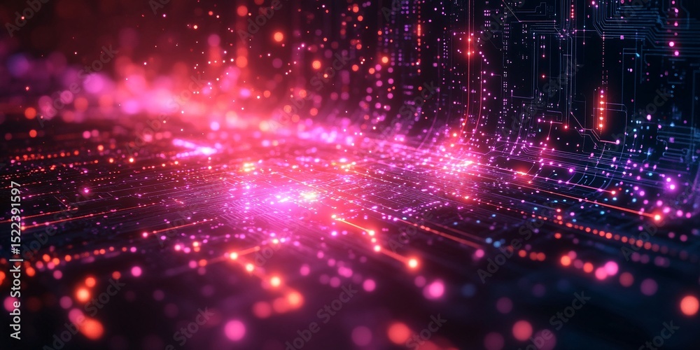 Obraz premium Futuristic Digital Network and Data Flow Concept Featuring Vibrant Glowing Points and Interconnected Patterns, Representing Advanced Technology, Connectivity, and Digital Communication