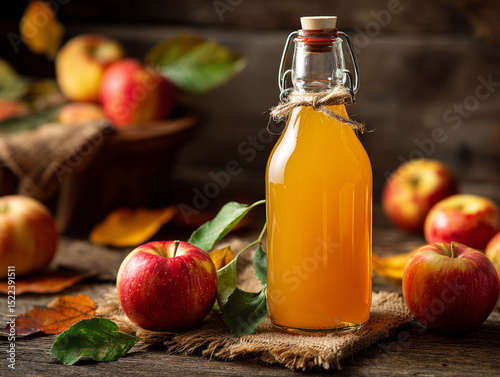 Fresh apple cider in glass bottle with apples around