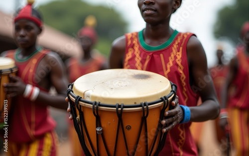 A closeup photo shows a drummer playing an African Shekere gourd percussion instrument while marching in a procession during a kente yam festival in Ghana, West Africa. High quality