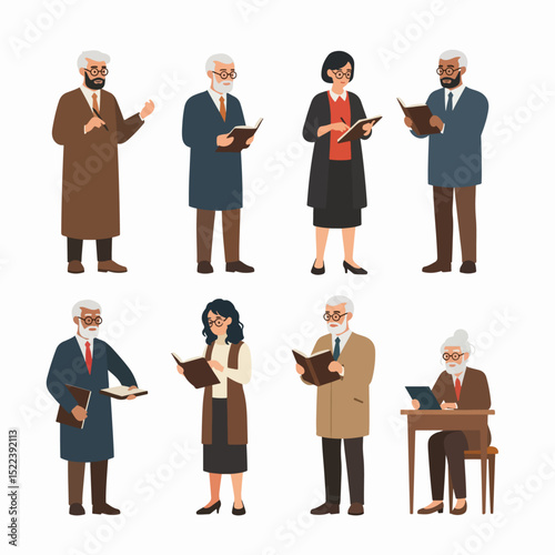 Diverse professors lecturing reading and working flat style