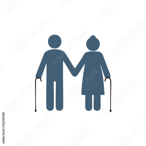 Elderly couple holding hands walking with canes