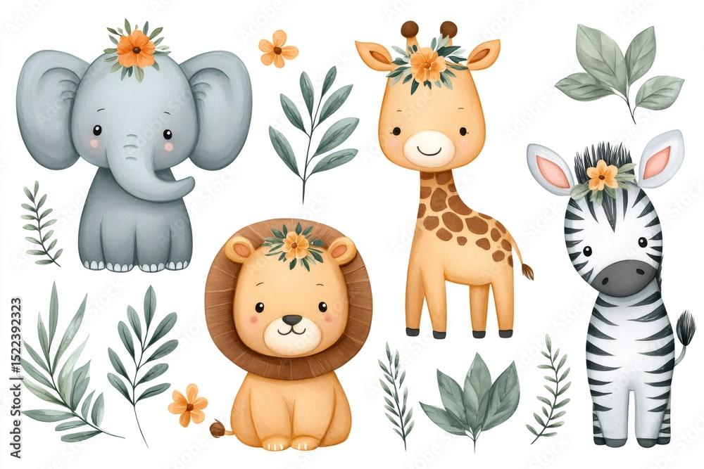 Naklejka premium Adorable lion, elephant, giraffe, and zebra wearing flower crowns, a watercolor safari adventure