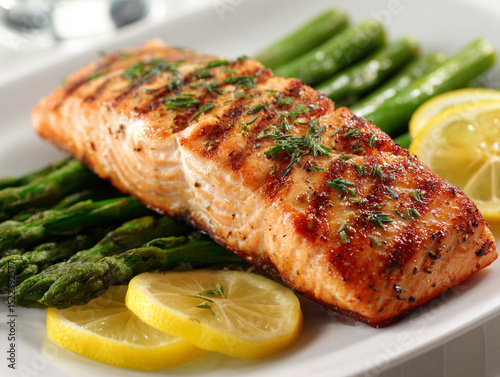 Grilled salmon fillet with asparagus and lemon slices, on white plate