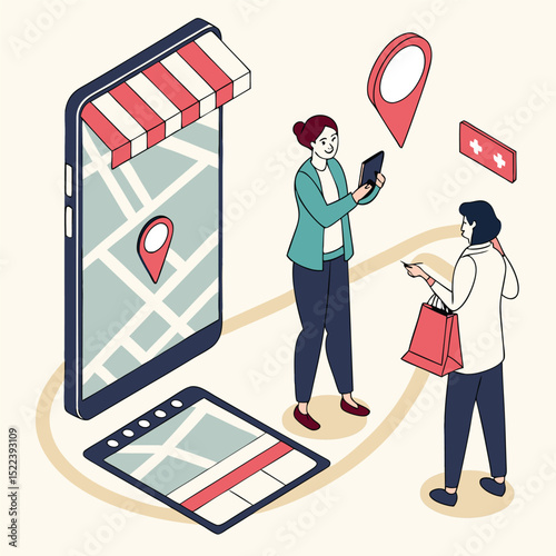 Women using mobile app for shopping and navigation isometric illustration