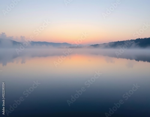 misty lake surface at sunrise, pastel colors, calm and clean composition