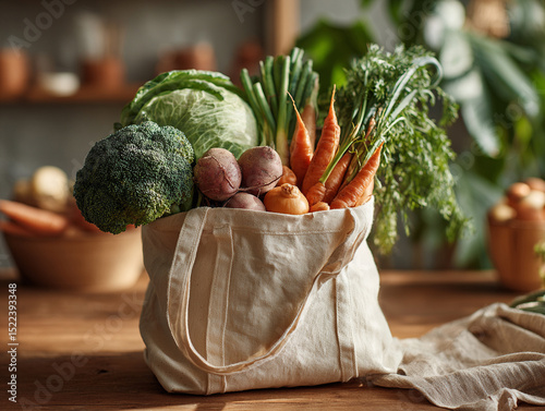 A reusable shopping bag filled with fresh produce, zero-waste lifestyle, 24mm lens, f/2.5