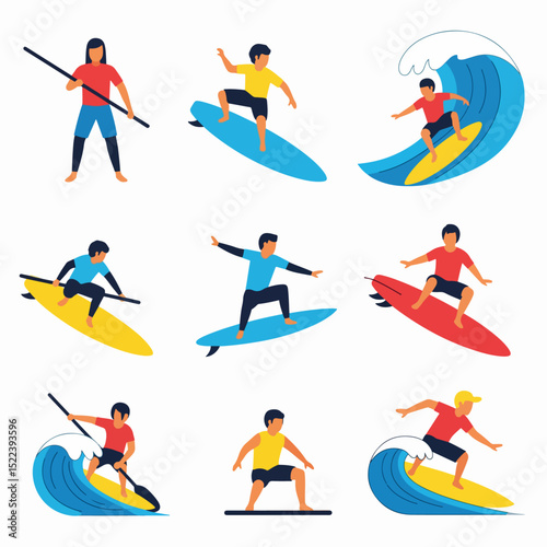 Surfing activity set water sport adventure
