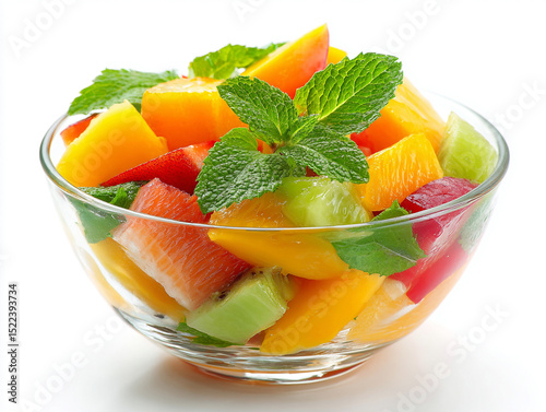 Close-up of colorful fruit salad in glass bowl with mint leaves, isolated on white