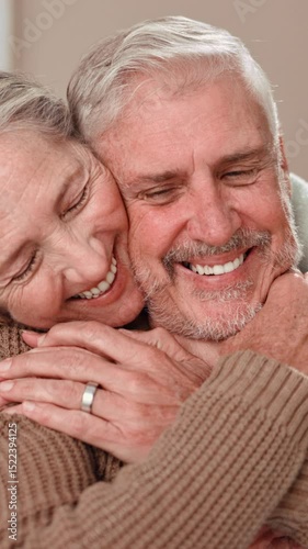 Hug, love and smile of senior couple in living room of retirement home together for affection. Bonding, marriage or security with elderly man and woman embracing in apartment for safety or trust