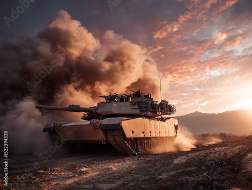 Modern tank rolling through desert terrain, dust clouds rising, dramatic lighting, sunset sky