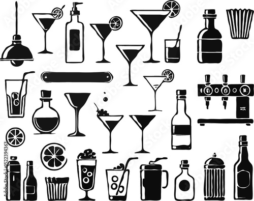 Retro Beverage Set of hand drawn drinks icons. Cocktails and drinks set. Black and white doodle illustration, drinks and food. Café Drinks menu in Classic Line Art