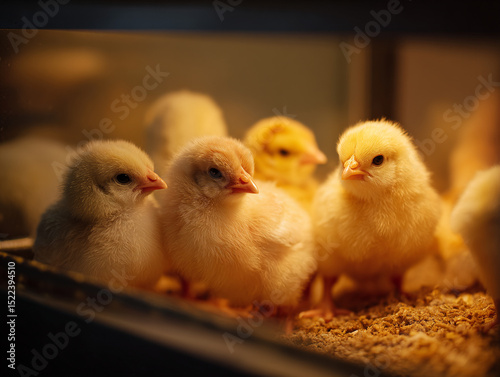 Baby chicks huddled under heat lamp in brooder box, soft lighting