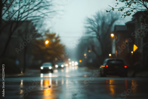 blurred background photo of a rainy day, city, road