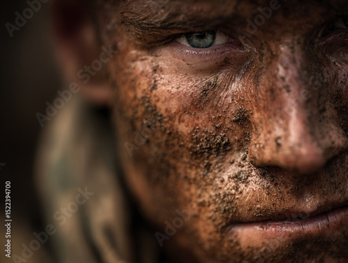 Close-up portrait of soldiers face covered in dirt and sweat, intense expression, shallow depth