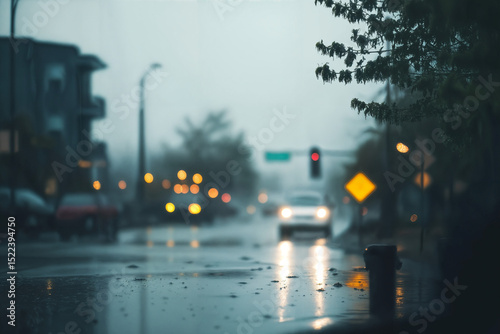 blurred background photo of a rainy day, city, road