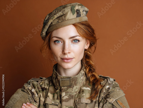 Portrait of female soldier in modern camouflage uniform, confident gaze, empowering composition